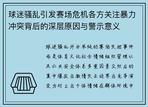 球迷骚乱引发赛场危机各方关注暴力冲突背后的深层原因与警示意义 球迷骚乱引发赛场危机各方关注暴力冲突背后的深层原因与警示意义